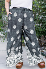 Black Plus Size Geometric Ethnic Print Drawstring Wide Leg Pants - MarkoFit