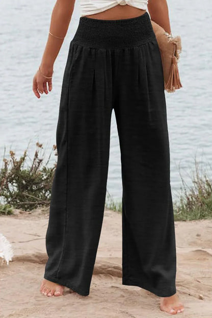 Black Shirred High Waist Plus Size Wide Leg Pants - MarkoFit