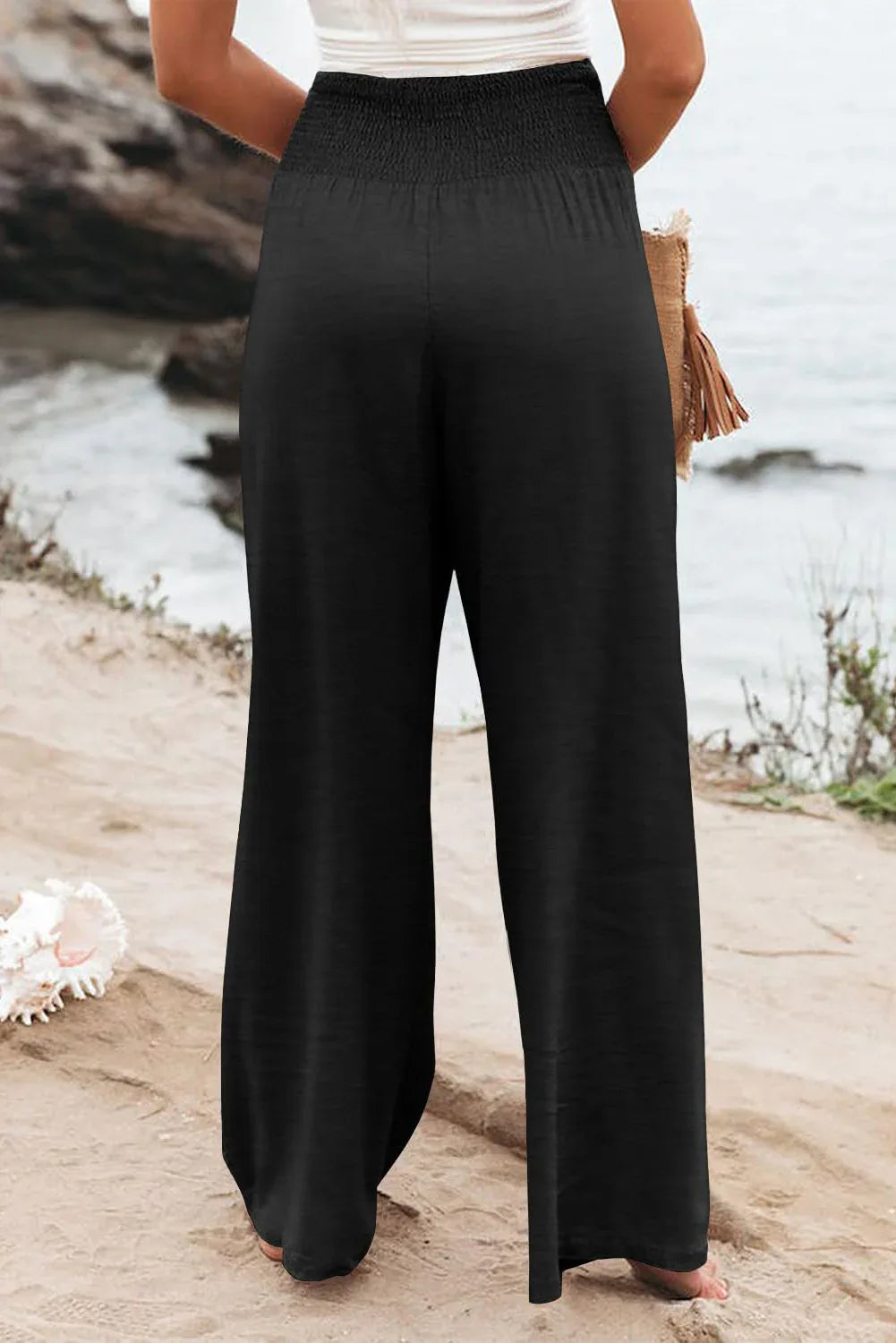 Black Shirred High Waist Plus Size Wide Leg Pants - MarkoFit