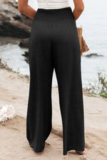 Black Shirred High Waist Plus Size Wide Leg Pants - MarkoFit