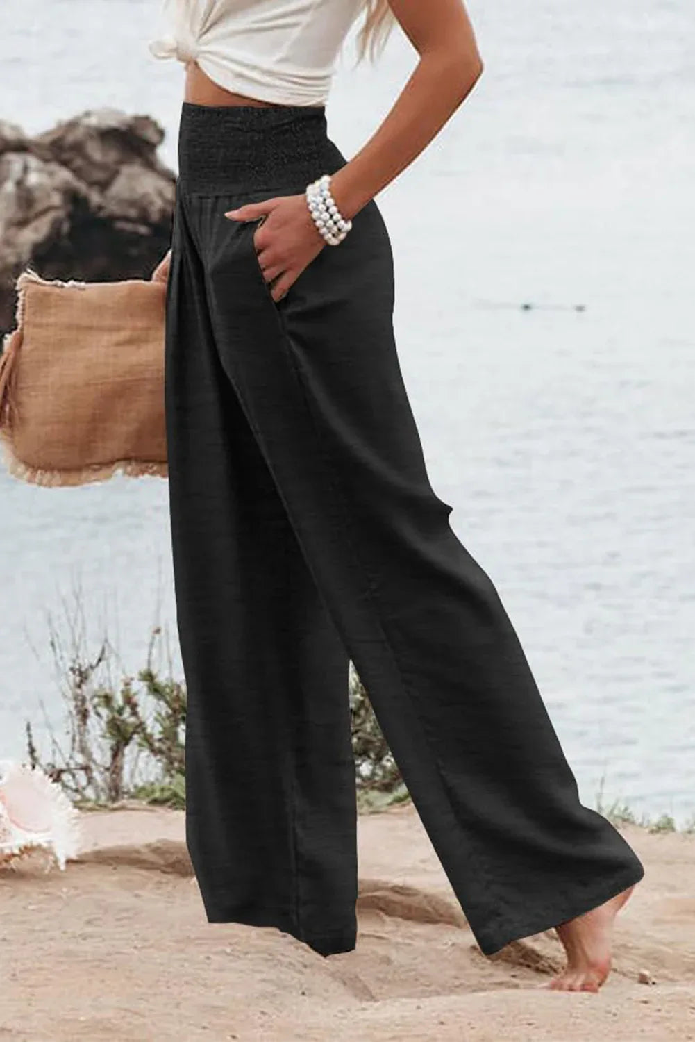 Black Shirred High Waist Plus Size Wide Leg Pants - MarkoFit