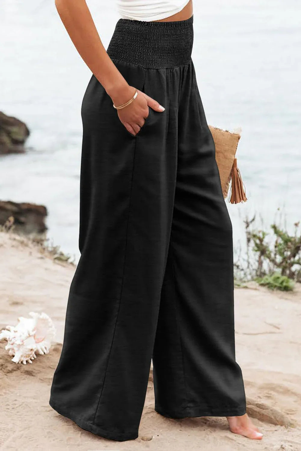 Black Shirred High Waist Plus Size Wide Leg Pants - MarkoFit
