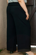 Black Shirred High Waist Plus Size Wide Leg Pants - MarkoFit