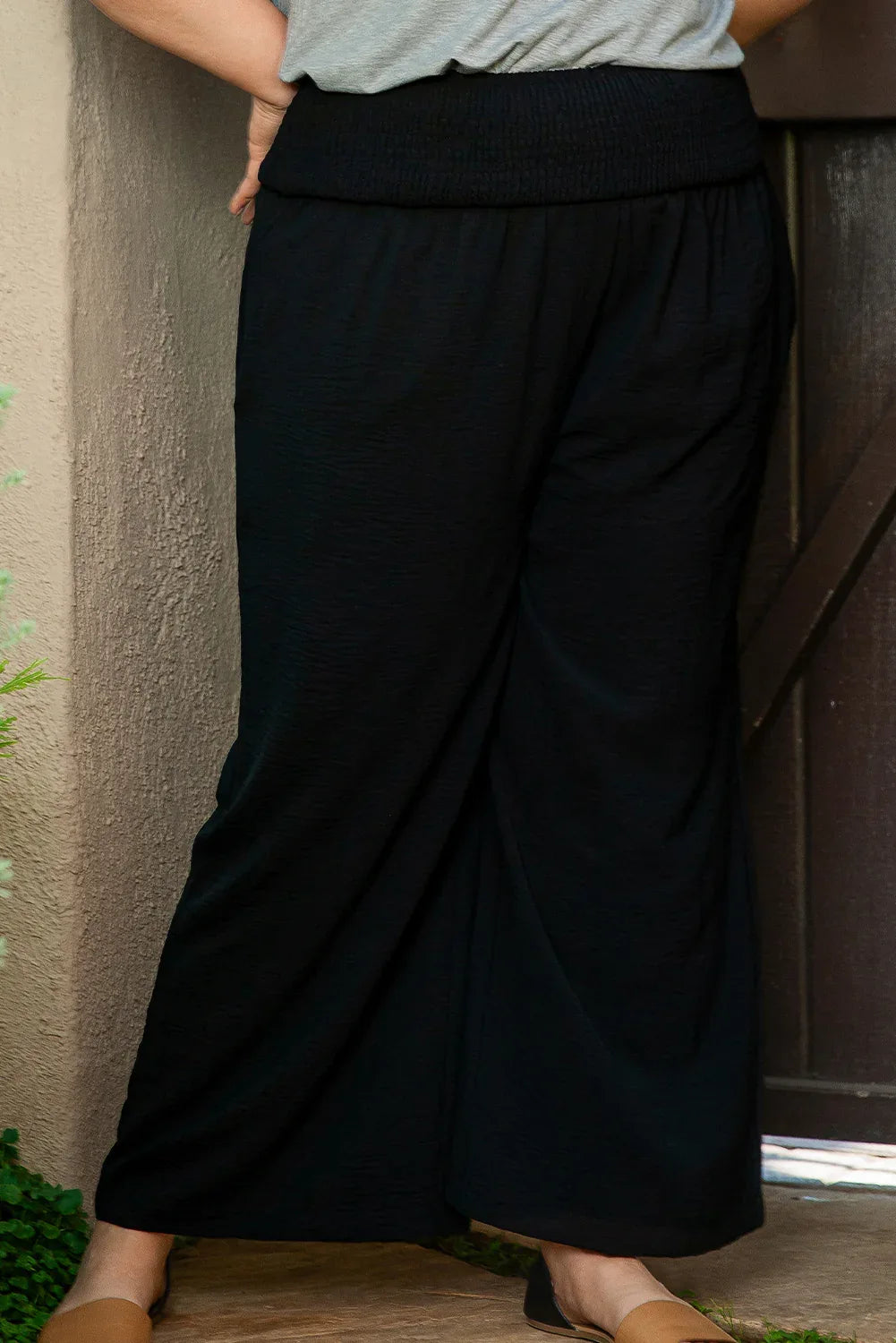 Black Shirred High Waist Plus Size Wide Leg Pants - MarkoFit