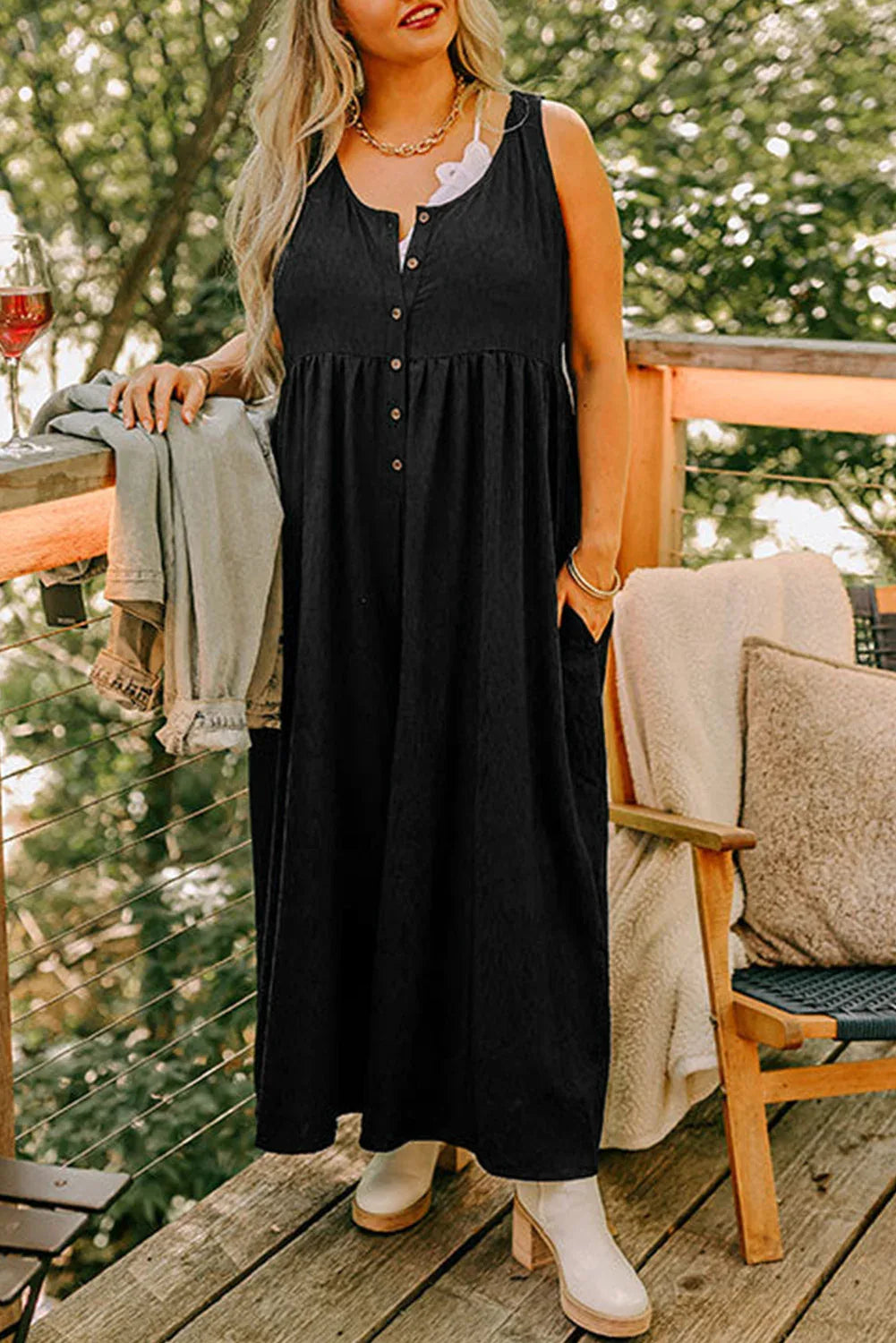 Black Plus Size Sleeveless Button Front Loose Jumpsuit - MarkoFit