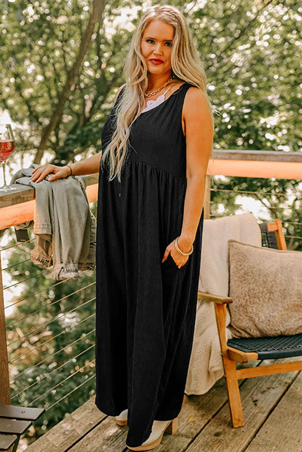 Black Plus Size Sleeveless Button Front Loose Jumpsuit - MarkoFit