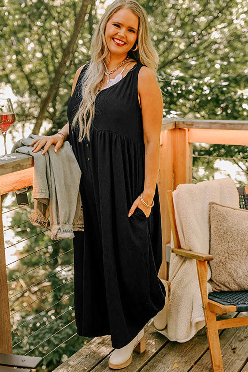 Black Plus Size Sleeveless Button Front Loose Jumpsuit - MarkoFit