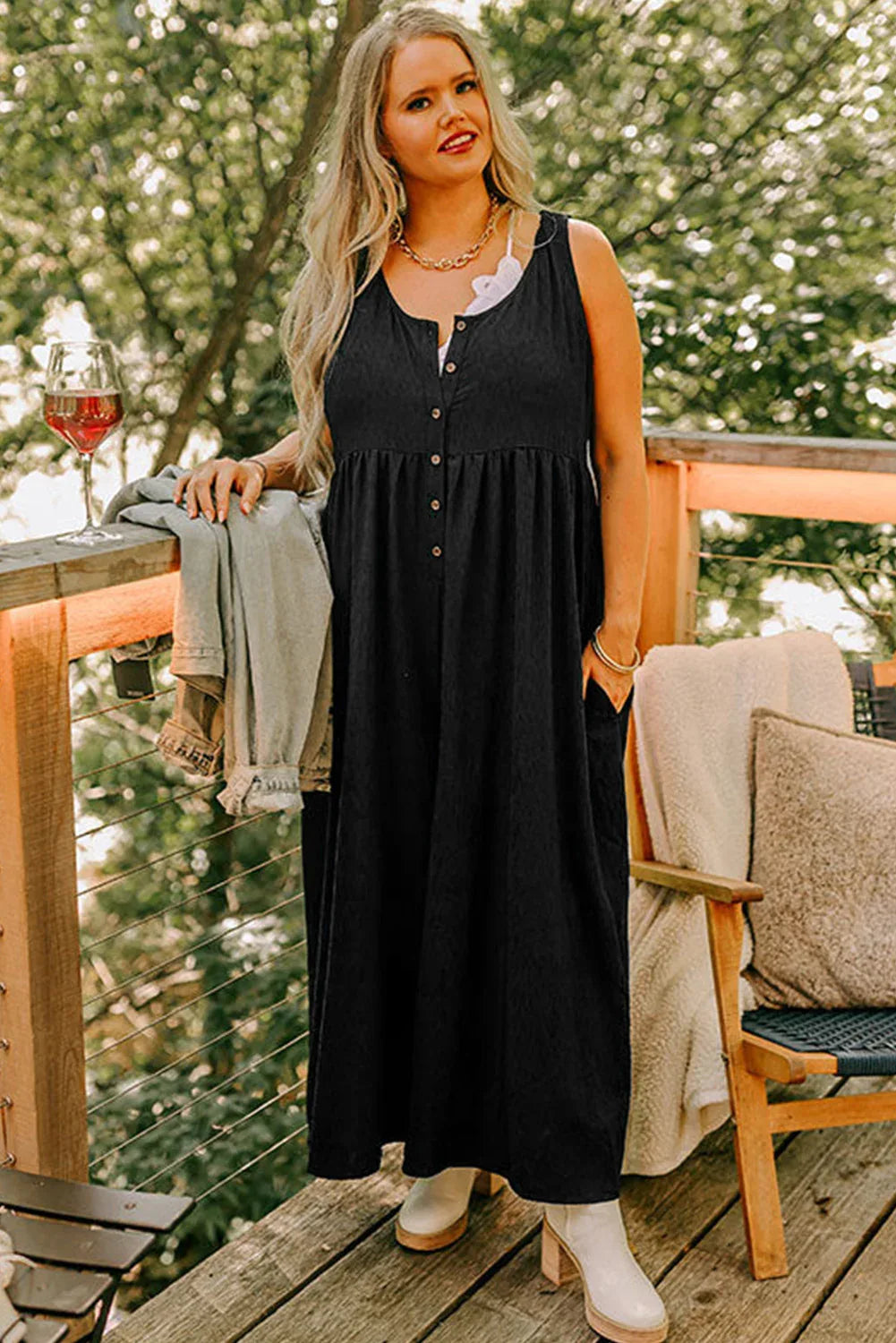 Black Plus Size Sleeveless Button Front Loose Jumpsuit - MarkoFit