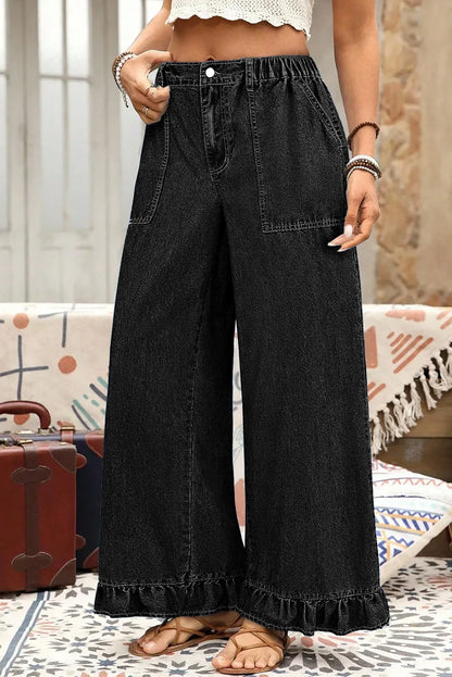 Black Plus Size Elastic Waist Ruffled Wide Leg Denim Pants - MarkoFit