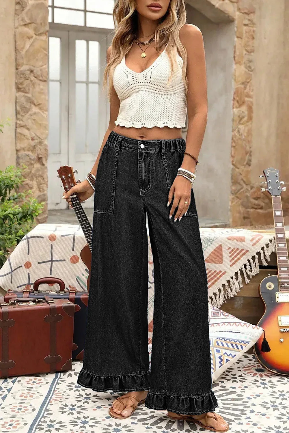 Black Plus Size Elastic Waist Ruffled Wide Leg Denim Pants - MarkoFit