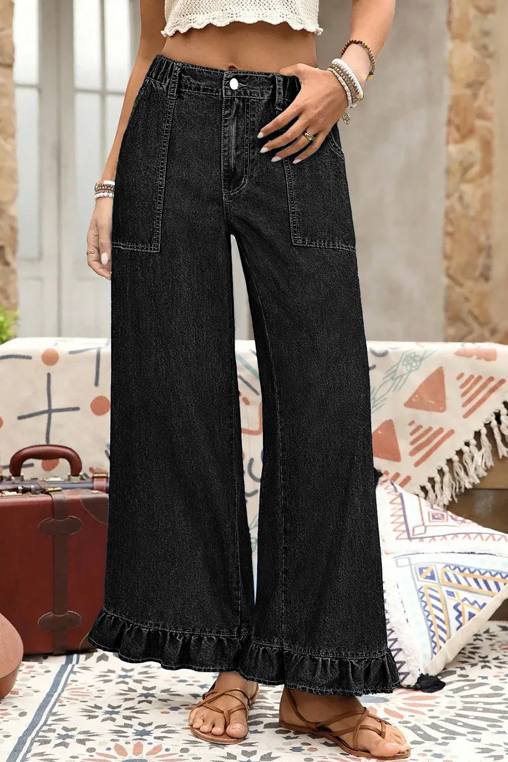 Black Plus Size Elastic Waist Ruffled Wide Leg Denim Pants - MarkoFit
