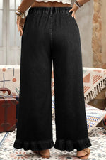 Black Plus Size Elastic Waist Ruffled Wide Leg Denim Pants - MarkoFit