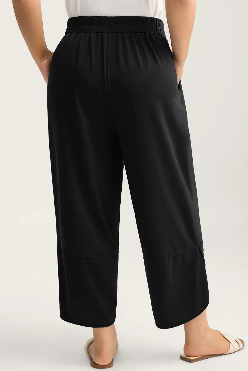 Black Plus Size Elastic Waist Asymmetrical Hem Loose Capris Pants - MarkoFit