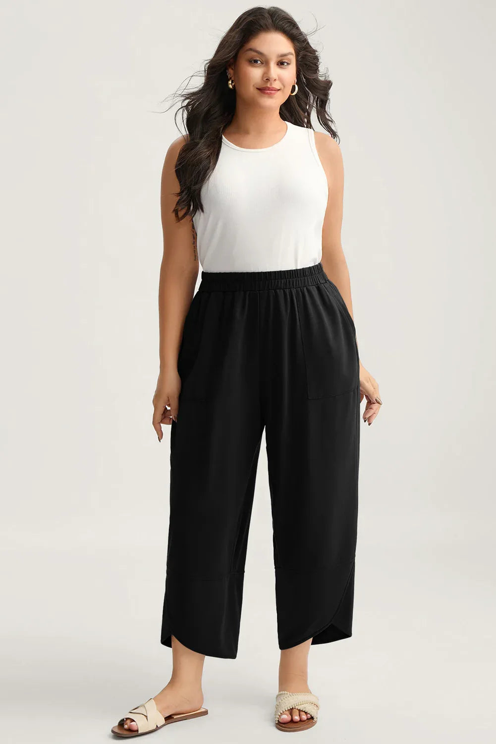 Black Plus Size Elastic Waist Asymmetrical Hem Loose Capris Pants - MarkoFit