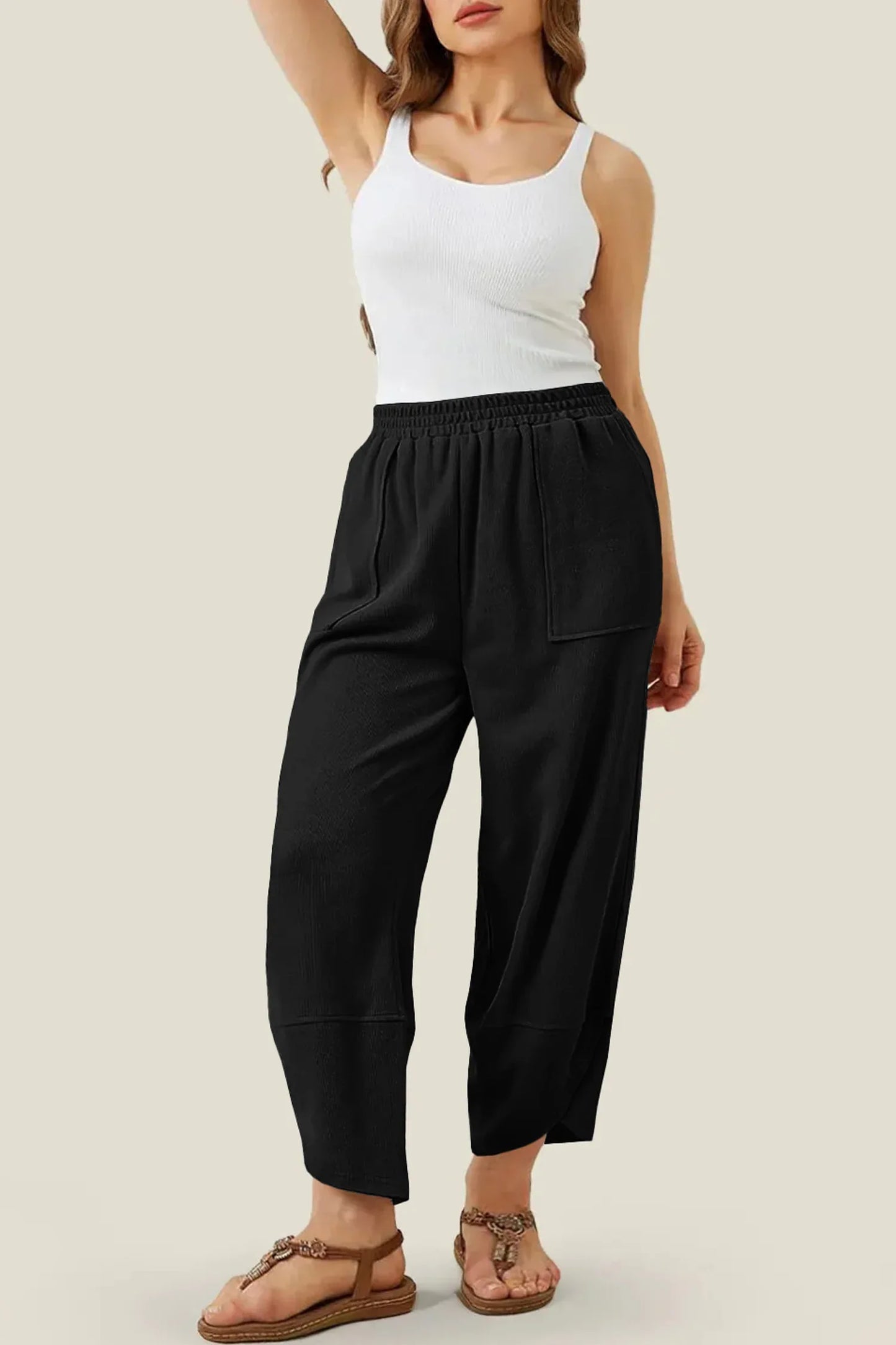 Black Plus Size Elastic Waist Asymmetrical Hem Loose Capris Pants - MarkoFit