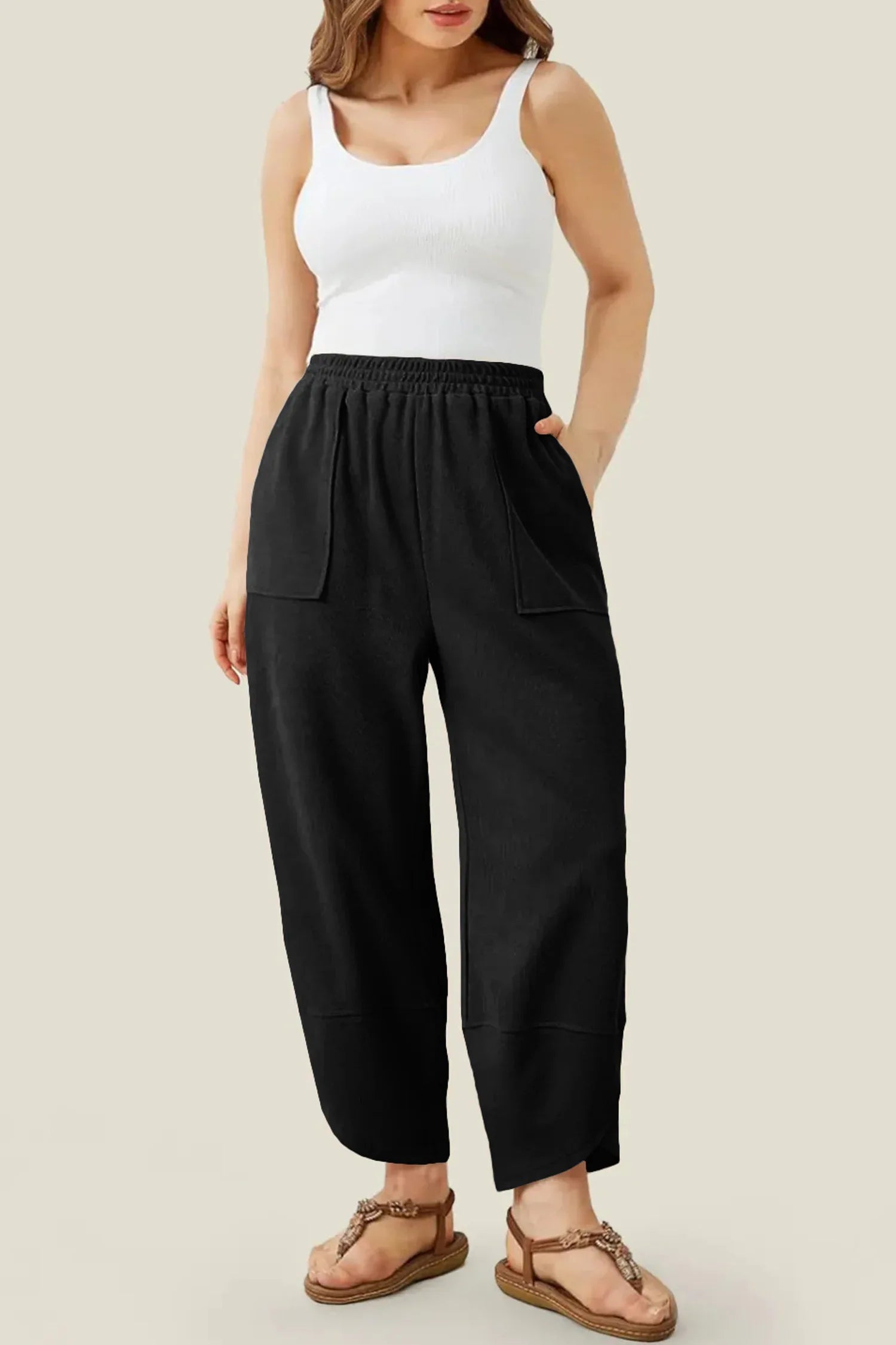 Black Plus Size Elastic Waist Asymmetrical Hem Loose Capris Pants - MarkoFit