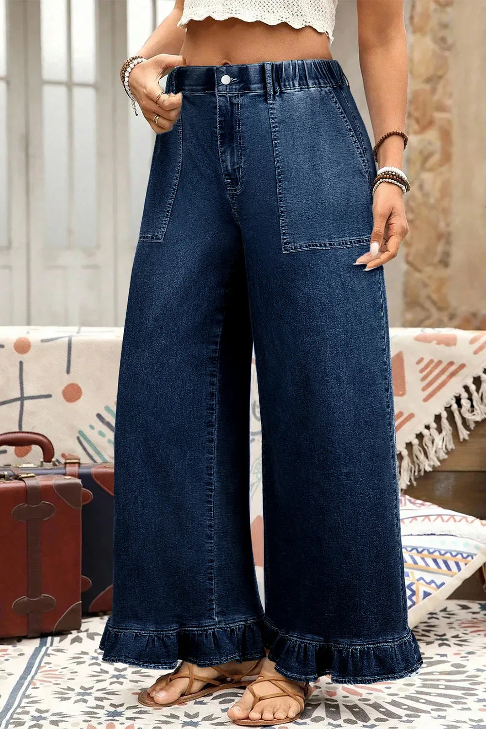 Dirty blue Plus Size Elastic Waist Ruffled Wide Leg Denim Pants - MarkoFit
