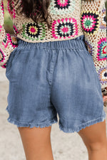 Dusk Blue Raw Hem Lace-up High Waist Plus Size Denim Shorts - MarkoFit