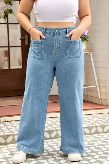 Dusk Blue Patched Pocket Textured Wide Leg Plus Size Jeans - MarkoFit