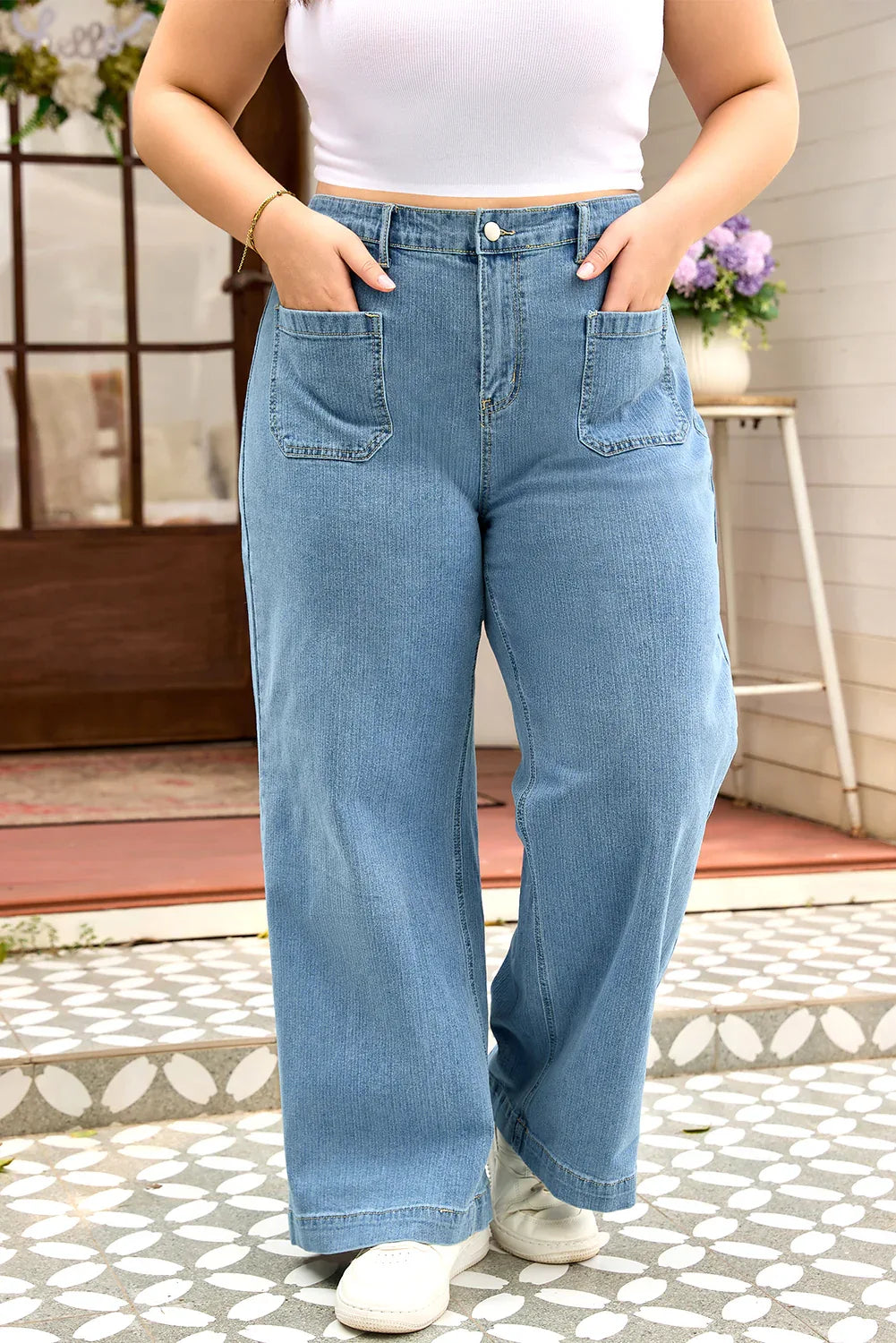 Dusk Blue Patched Pocket Textured Wide Leg Plus Size Jeans - MarkoFit