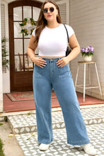 Dusk Blue Patched Pocket Textured Wide Leg Plus Size Jeans - MarkoFit
