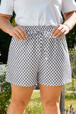 Gray Checkerboard Lace-Up High Waist Plus Size Casual Shorts - MarkoFit