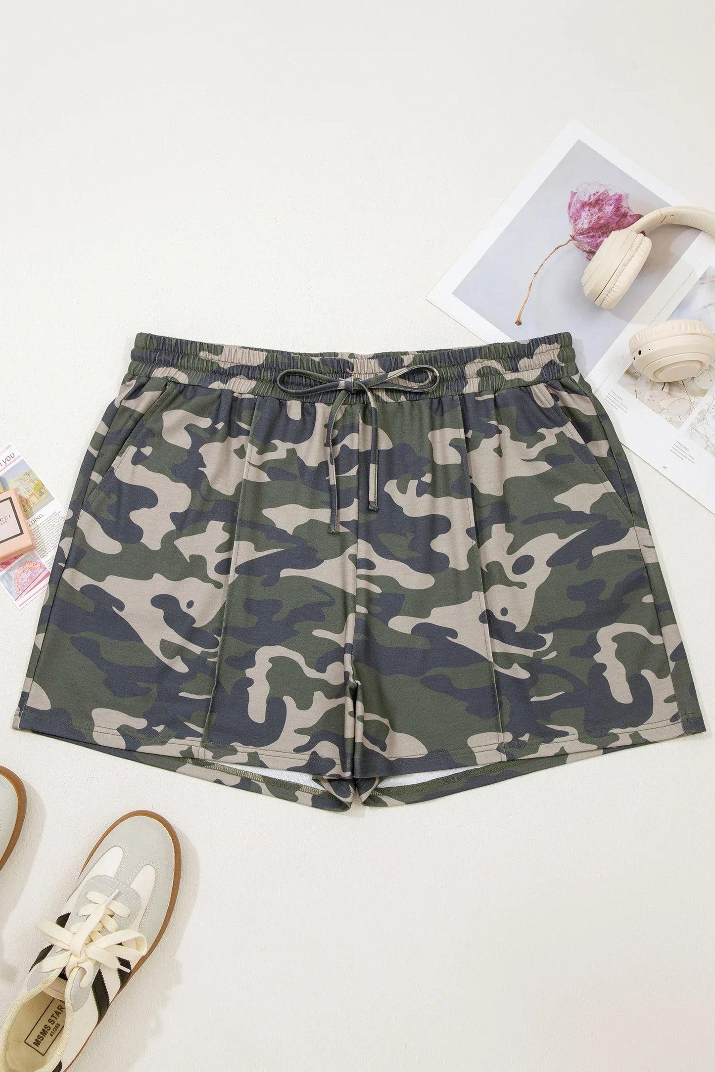 Green Tie Elastic Waist Pocketed Plus Size Camo Shorts - MarkoFit