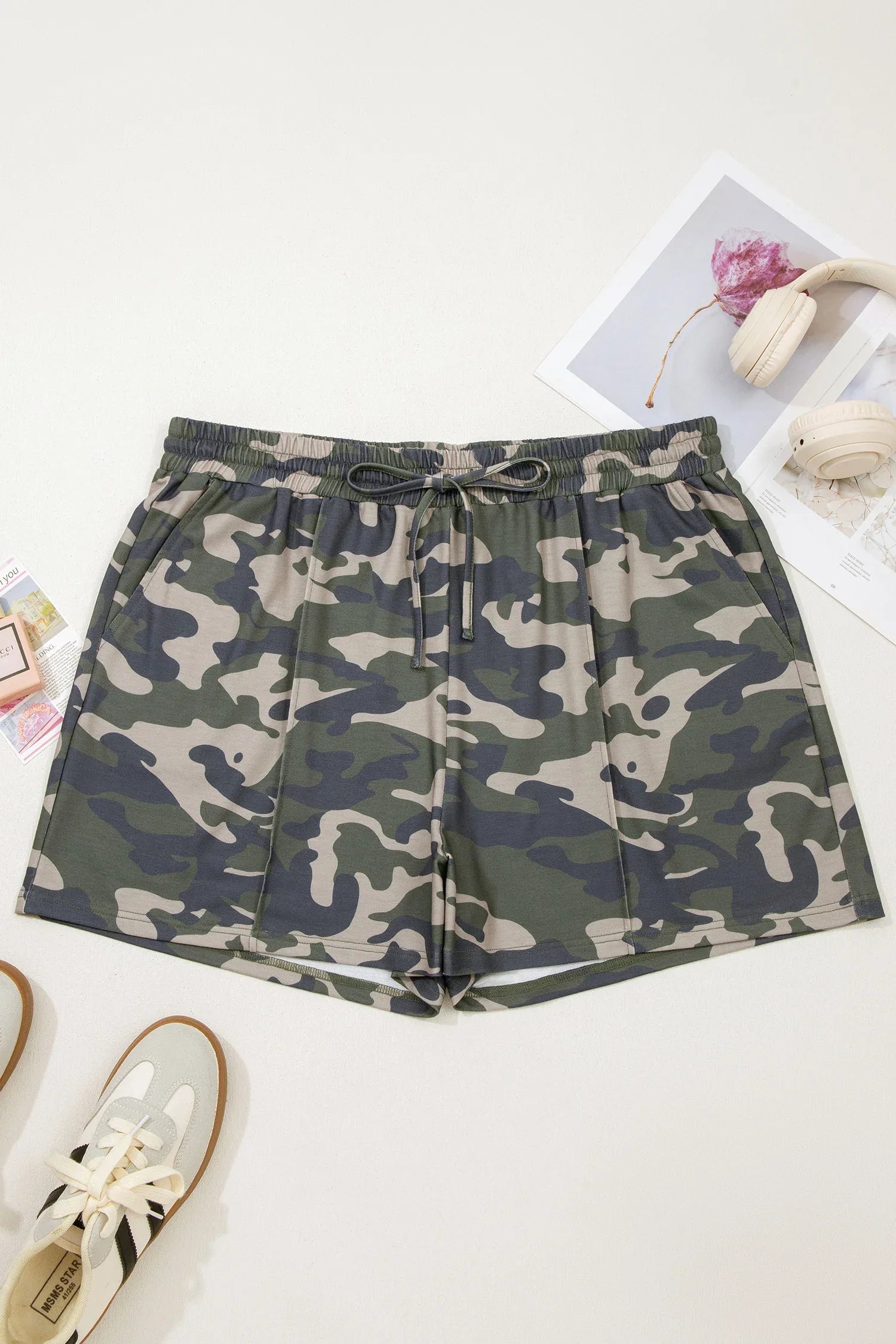 Green Tie Elastic Waist Pocketed Plus Size Camo Shorts - MarkoFit