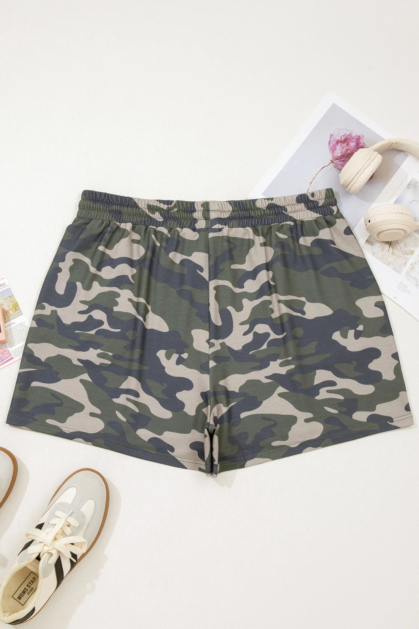Green Tie Elastic Waist Pocketed Plus Size Camo Shorts - MarkoFit