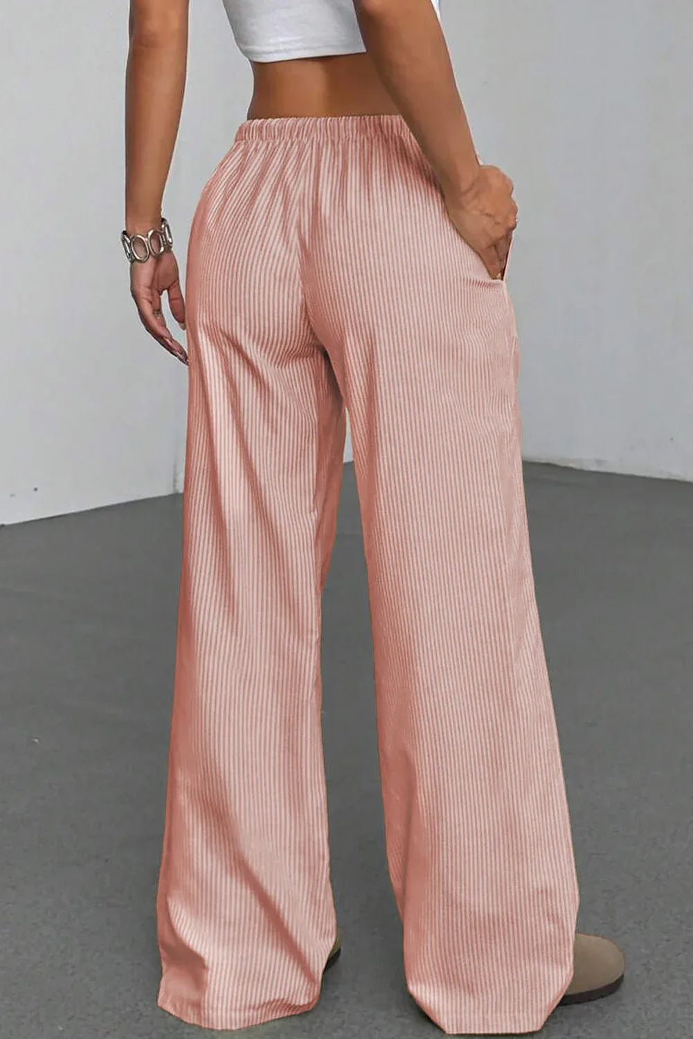 Pink Stripe Drawstring Plus Size Loose Pants - MarkoFit