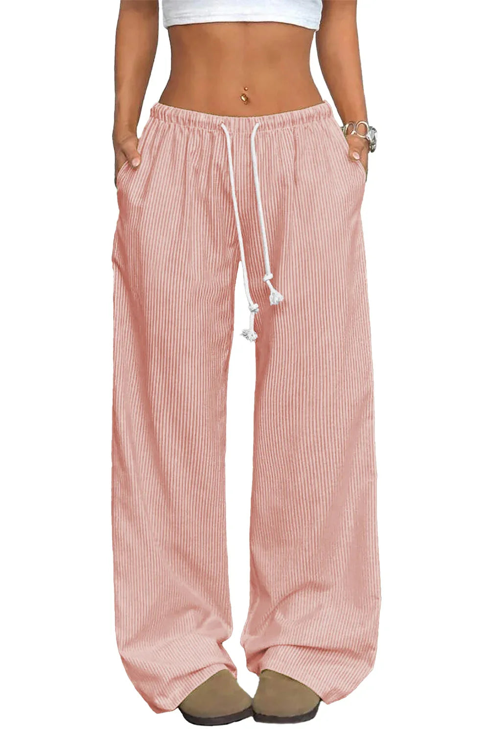 Pink Stripe Drawstring Plus Size Loose Pants - MarkoFit
