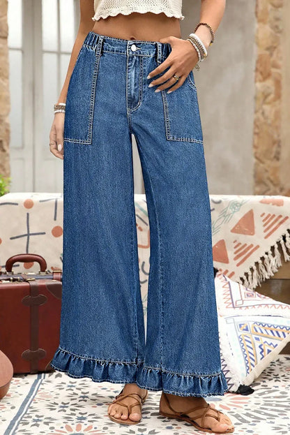 Sail Blue Plus Size Elastic Waist Ruffled Wide Leg Denim Pants - MarkoFit
