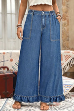 Sail Blue Plus Size Elastic Waist Ruffled Wide Leg Denim Pants - MarkoFit