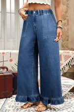 Sail Blue Plus Size Elastic Waist Ruffled Wide Leg Denim Pants - MarkoFit