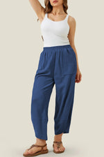 Sail Blue Plus Size Elastic Waist Asymmetrical Hem Loose Capris Pants - MarkoFit