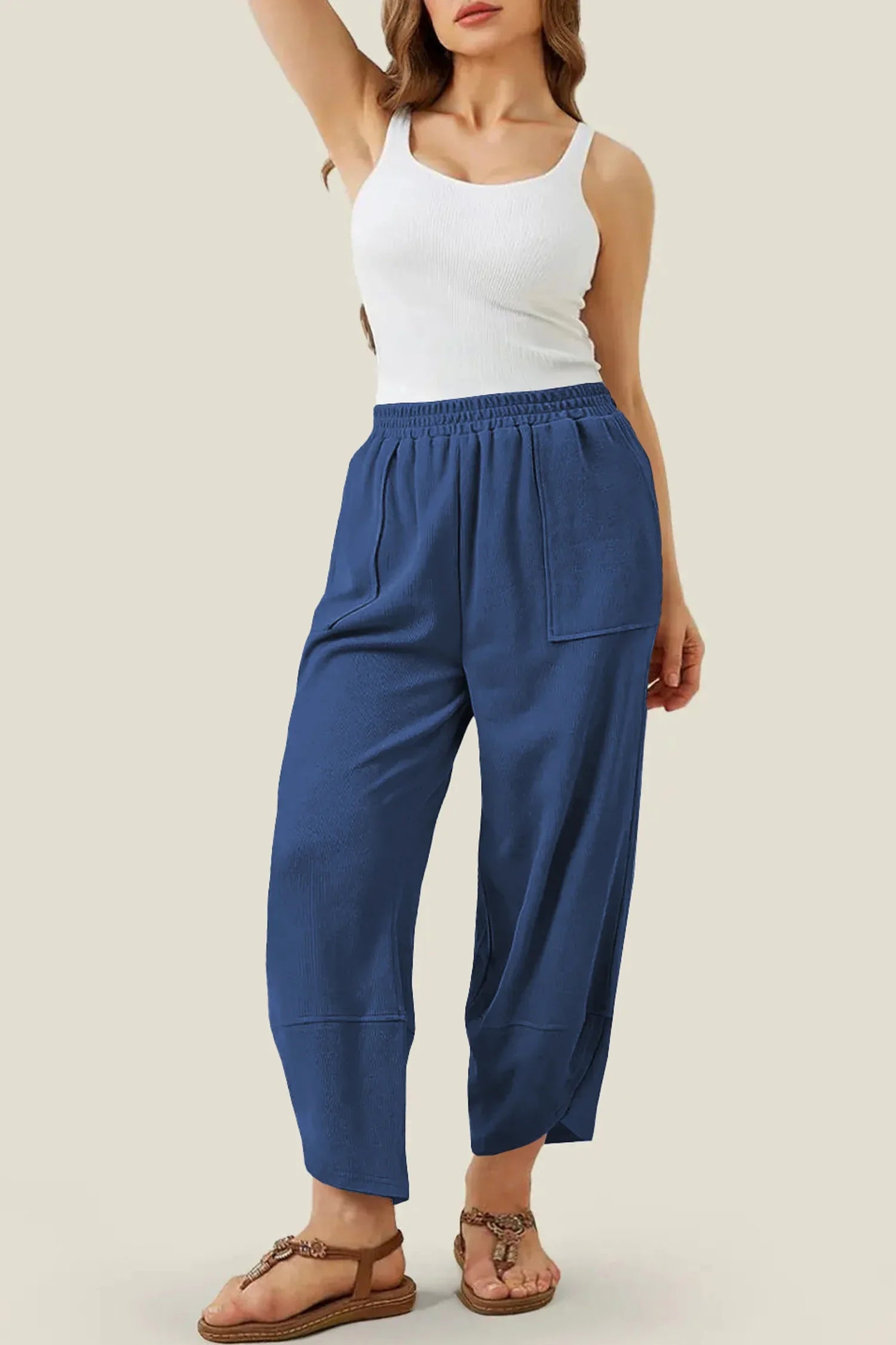 Sail Blue Plus Size Elastic Waist Asymmetrical Hem Loose Capris Pants - MarkoFit
