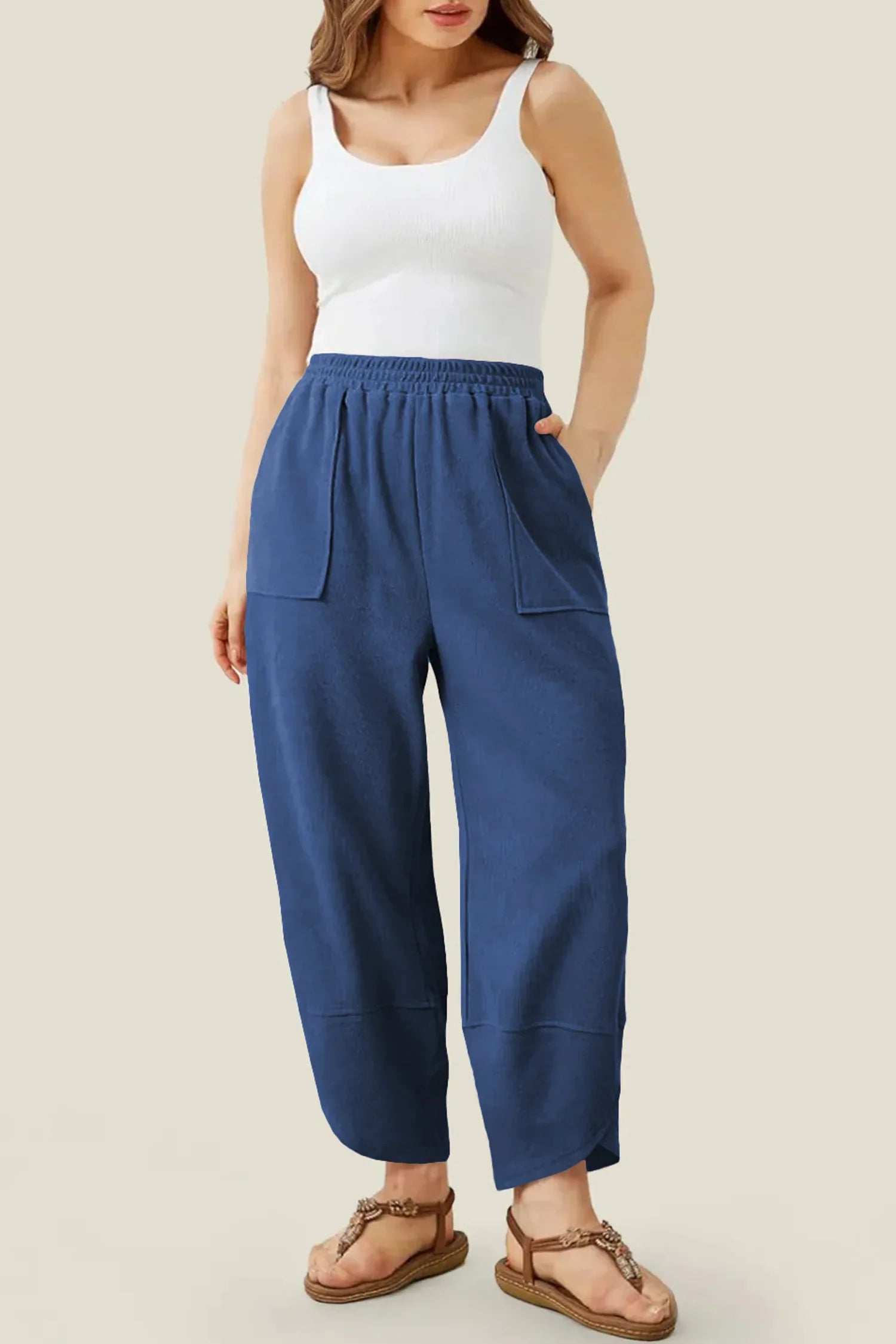 Sail Blue Plus Size Elastic Waist Asymmetrical Hem Loose Capris Pants - MarkoFit