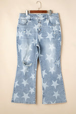Sky Blue Star Printed Multi Buttons Slit Knee Destroyed Plus Size Jeans - MarkoFit