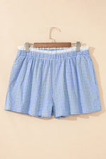 Sky Blue Contrast Trim Plaid Print Plus Size Shorts - MarkoFit