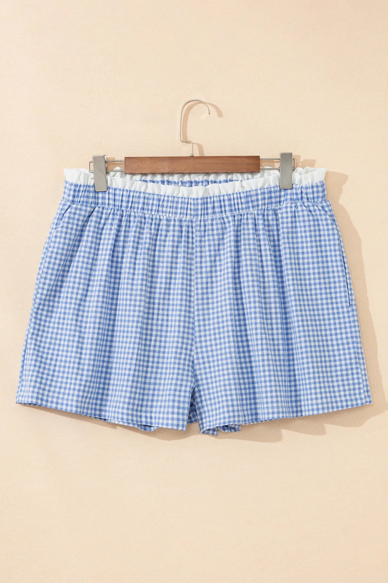 Sky Blue Contrast Trim Plaid Print Plus Size Shorts - MarkoFit