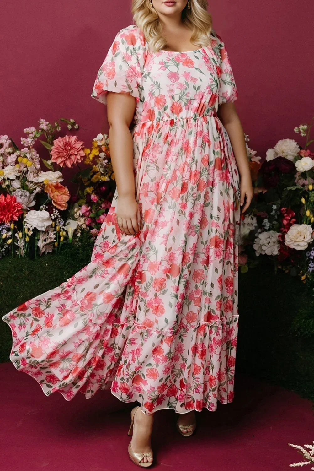 Pink Plus Size Floral Square Neck Puff Sleeve Ruffle Maxi Dress - MarkoFit