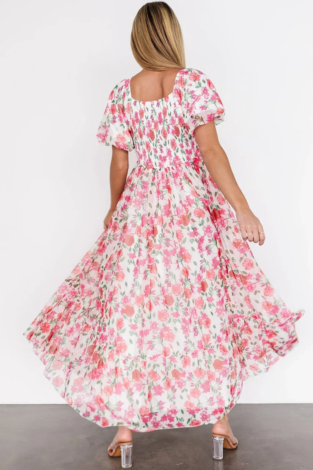 Pink Plus Size Floral Square Neck Puff Sleeve Ruffle Maxi Dress - MarkoFit