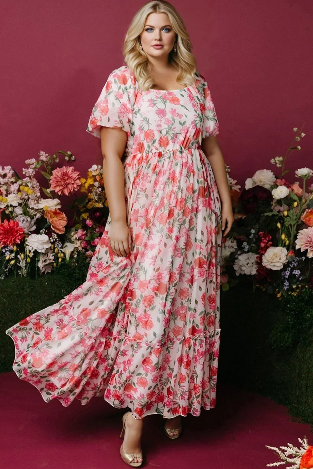 Pink Plus Size Floral Square Neck Puff Sleeve Ruffle Maxi Dress - MarkoFit