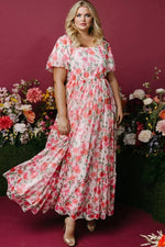 Pink Plus Size Floral Square Neck Puff Sleeve Ruffle Maxi Dress - MarkoFit