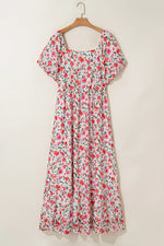 Pink Plus Size Floral Square Neck Puff Sleeve Ruffle Maxi Dress - MarkoFit