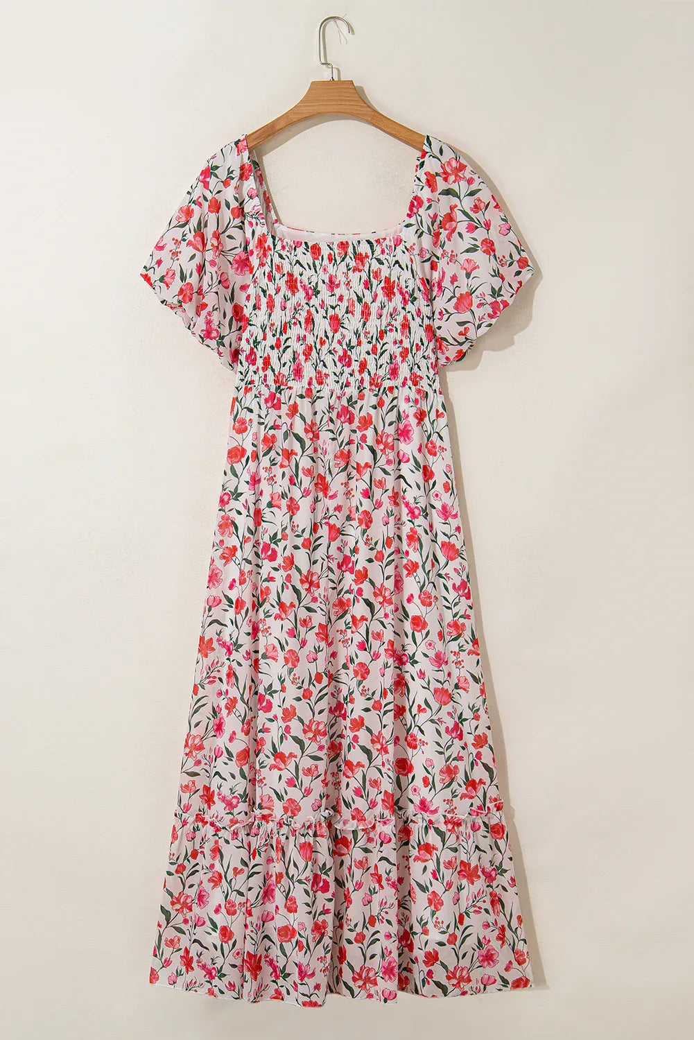 Pink Plus Size Floral Square Neck Puff Sleeve Ruffle Maxi Dress - MarkoFit