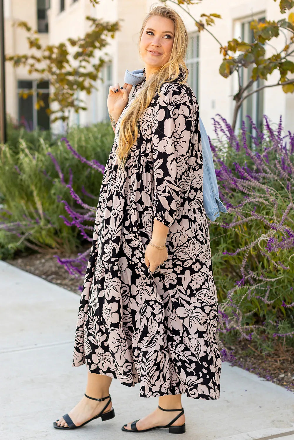 Black Plus Size Floral Printed Puff Sleeve Collared Maxi Dress - MarkoFit