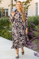 Black Plus Size Floral Printed Puff Sleeve Collared Maxi Dress - MarkoFit