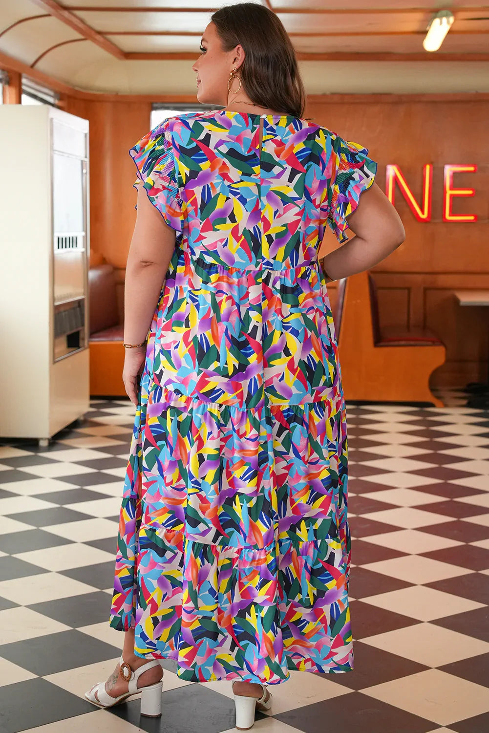 Blue Geometric Print Ruffled Short Sleeve Plus Size Tiered Maxi Dress - MarkoFit