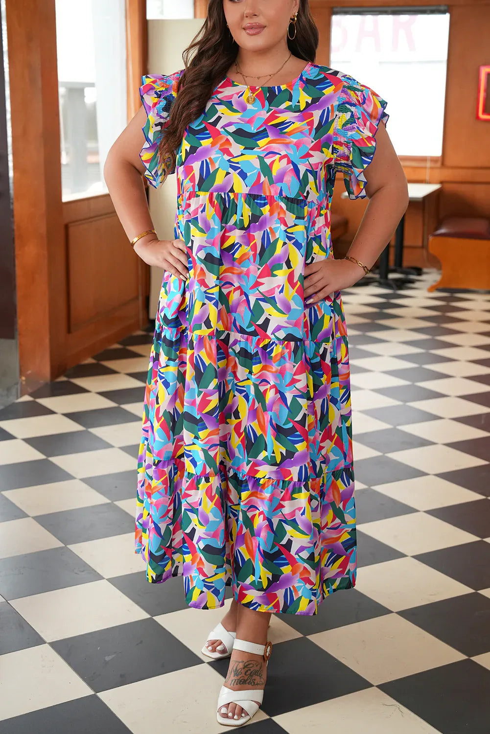 Blue Geometric Print Ruffled Short Sleeve Plus Size Tiered Maxi Dress - MarkoFit